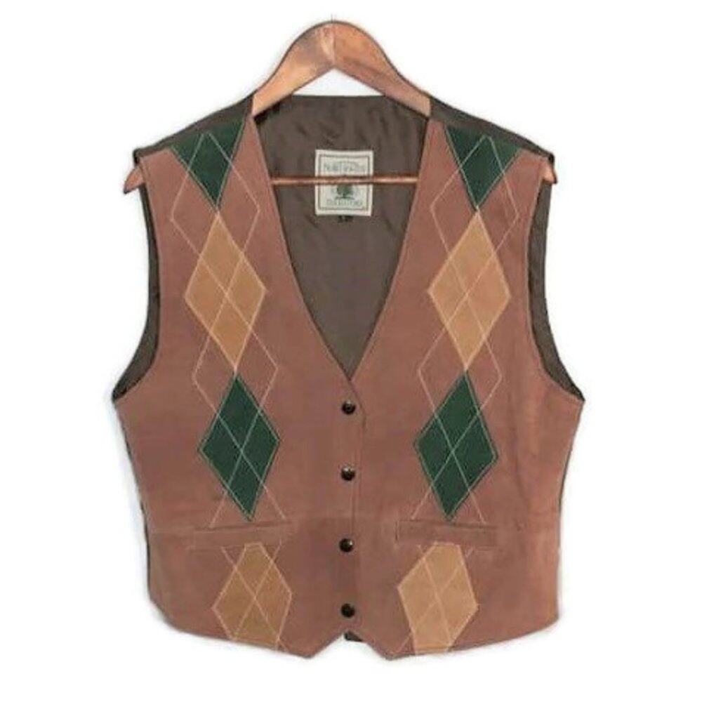 Vintage Northwest Territory Tan Green Argyle Leather V-Neck Vest Sz Large